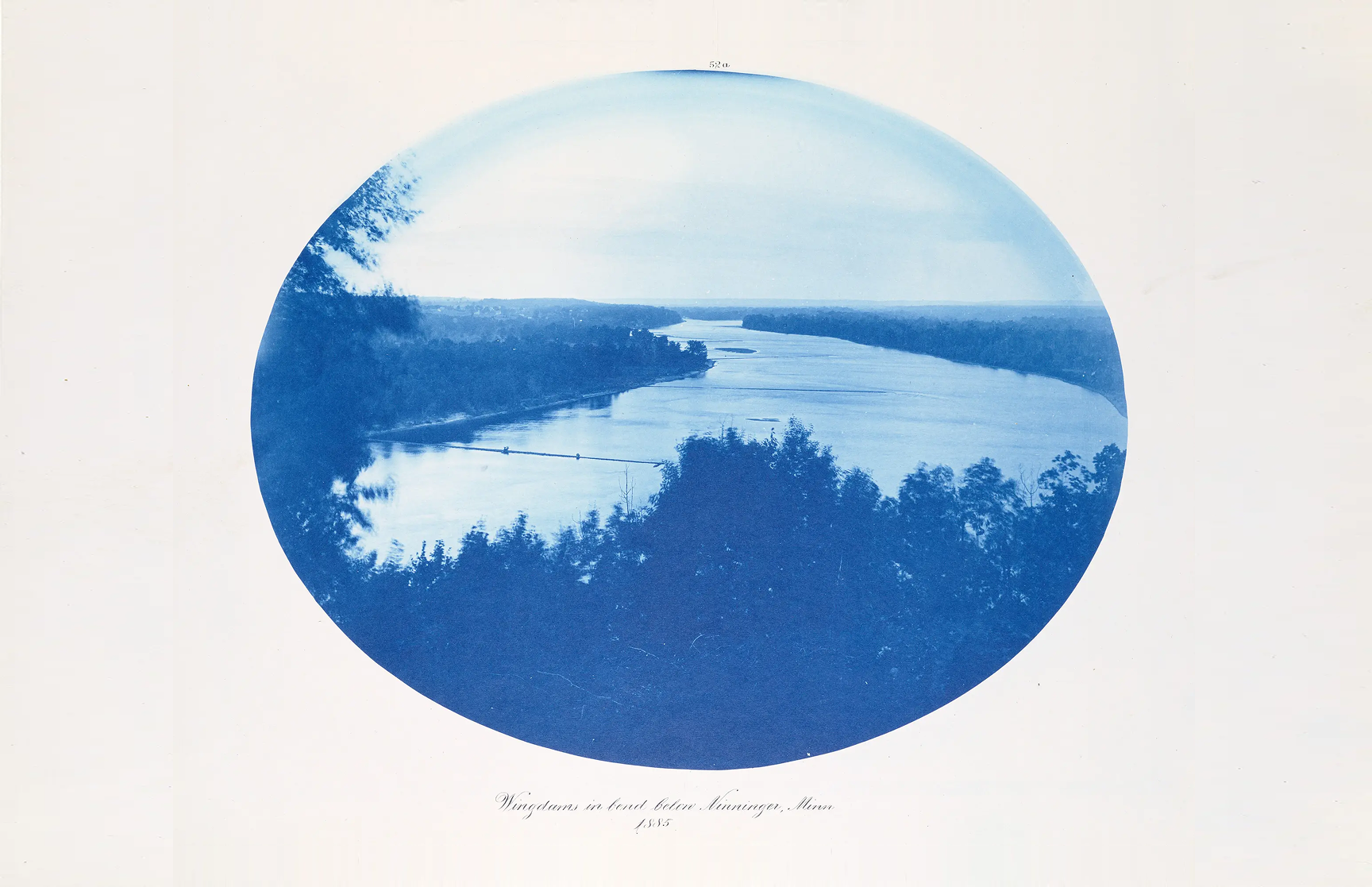 Wingdams in bend below Nininger, Minnesota, 1885. A cyanotype.